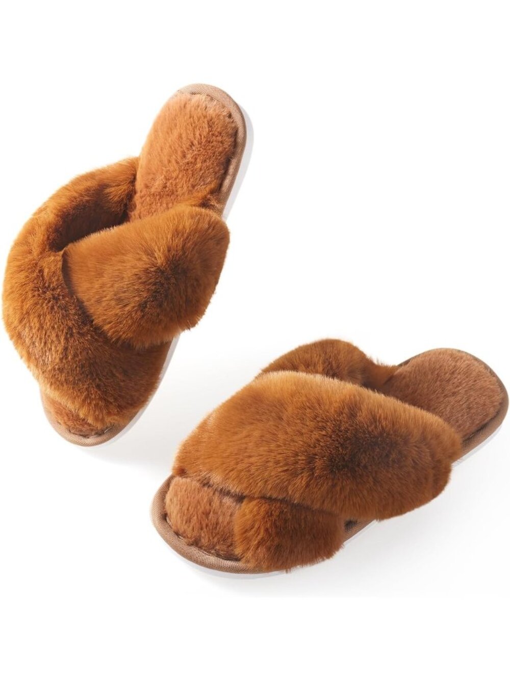 Women's Brown Cross Band Memory Foam Open Toe Comfy Fuzzy Indoor Slippers
